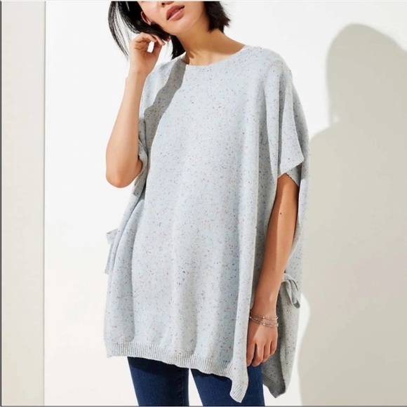LOFT Oversized Flecked Blue Confetti Side Tie Cream Fall Poncho Size XS/S - Picture 12 of 13